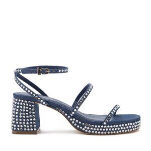 $380 LARROUDE Gio Crystal Sandal Blue Denim RETRO BLOCK 9.5 (DB38)